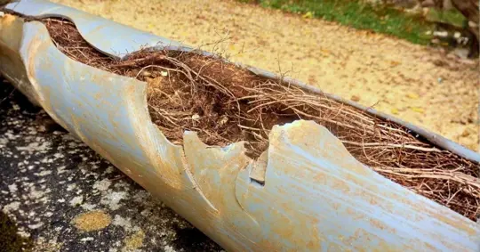 Split drainage pipe due to tree roots