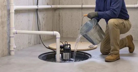 person doing a pour test to verify that a sump pump turns on and off